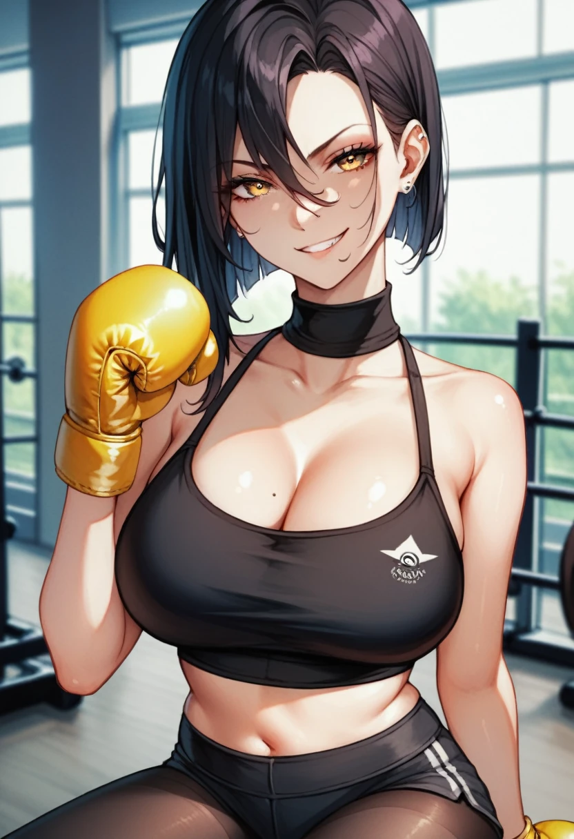 2D anime picture, (anime style 1), single female arrogant boxer, 20 years old, sadistic, Japanese, smirks at the viewer, beautiful long black hairstyle, lush breasts, in black high neck crop top, in black leggings, in yellow boxing gloves стоит возле боксёрском ринге, in empty gym, night
