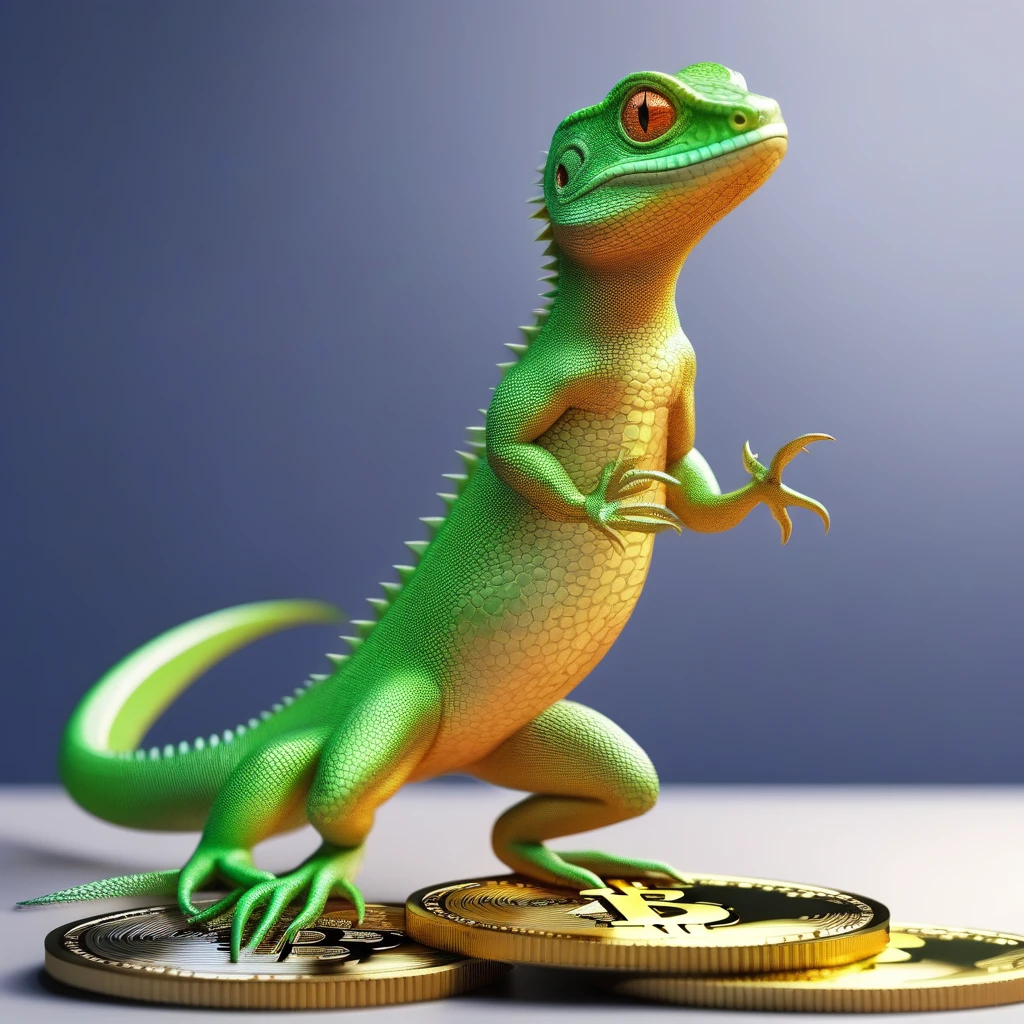 A lizard that stands on cryptocurrency (bitcoin), cartoon style, 3D, super detail