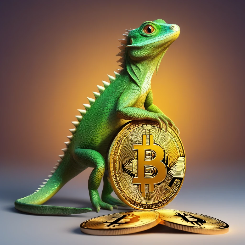 A lizard that stands on cryptocurrency (bitcoin), cartoon style, 3D, super detail