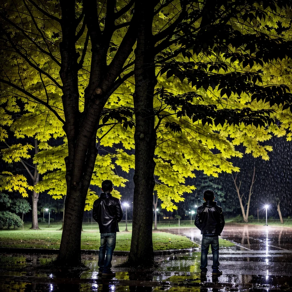 Un chico confrontando a su padre en medio de la noche, the rain and the wind rustling the leaves of the trees around them.