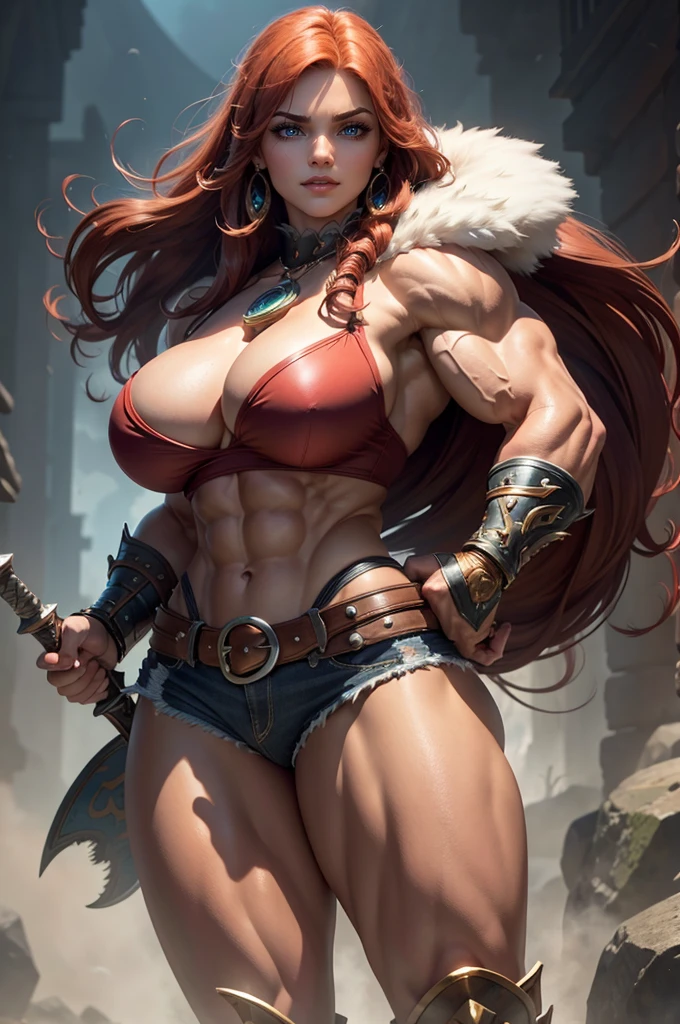 ((One Woman)), ((1girl)), mastepiece, of the highest quality, posterior view, Queen of the Grey Elves, ((huge breasts)), central, Belt bag, Peach Boots, viewer, Face, Portrait, Glowing eyes, Green smoke, Ass, Black background, Raised breasts, Bare skin, facial expression of smile, devil's figure, Docking screen, ((Huge Muscle Girl)), Krautin Gregg Open, Lower body, flexing biceps,Conan-style female barbarian ultra details with sword in hand standing looking at me bloodied in battleum close up de uma mulher com uma espada e um capacete em, Como ilustrado em Top Cow Comics, david finch, zenescope, barbarian woman, Directed by: Mark Brooks, inspirado por Mark Brooks, barbarian warrior woman, Mark Brooks detalhou, very beautiful female barbarian, Adrian Smith Arte de fantasia, uma mulher berserker muito bonita, Marcos Silvestri, arte da capa dos quadrinhos, ((((huge muscles))))Beautiful,(Masterpiece:1.4), (best quality:1.2), kitty cat katarina, 1girl, fur trim, strapless bra, cleavage, scar across eye, whisker markings, red hair, cowboy shot, ((((huge muscles))))
