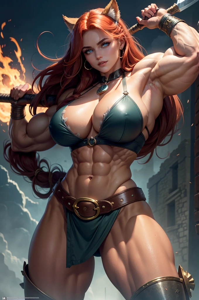 ((One Woman)), ((1girl)), mastepiece, of the highest quality, posterior view, Queen of the Grey Elves, ((huge breasts)), central, Belt bag, Peach Boots, viewer, Face, Portrait, Glowing eyes, Green smoke, Ass, Black background, Raised breasts, Bare skin, facial expression of smile, devil's figure, Docking screen, ((Huge Muscle Girl)), Krautin Gregg Open, Lower body, flexing biceps,Conan-style female barbarian ultra details with sword in hand standing looking at me bloodied in battleum close up de uma mulher com uma espada e um capacete em, Como ilustrado em Top Cow Comics, david finch, zenescope, barbarian woman, Directed by: Mark Brooks, inspirado por Mark Brooks, barbarian warrior woman, Mark Brooks detalhou, very beautiful female barbarian, Adrian Smith Arte de fantasia, uma mulher berserker muito bonita, Marcos Silvestri, arte da capa dos quadrinhos, ((((huge muscles))))Beautiful,(Masterpiece:1.4), (best quality:1.2), kitty cat katarina, 1girl, fur trim, strapless bra, cleavage, scar across eye, whisker markings, red hair, cowboy shot, ((((huge muscles))))