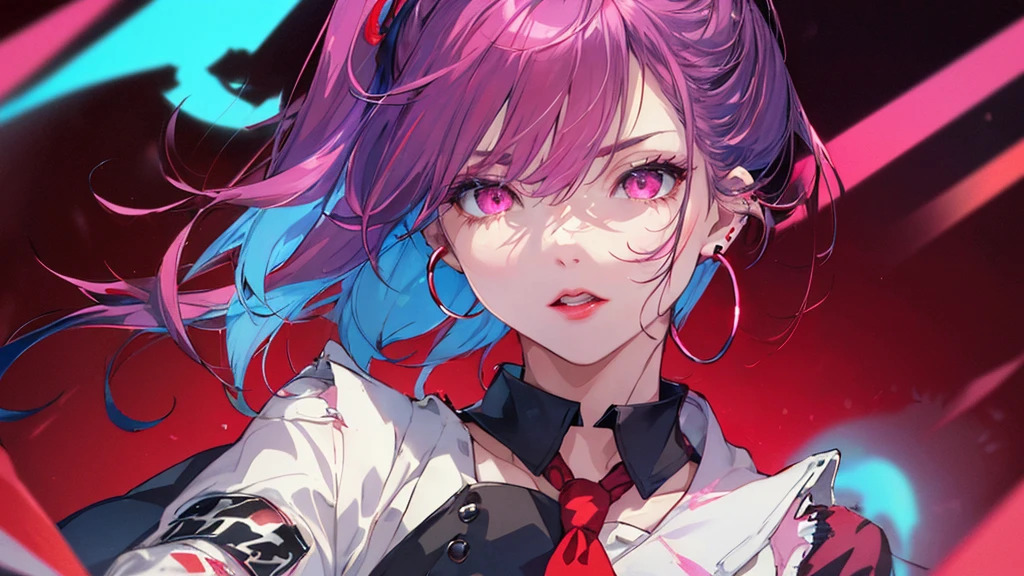 hair above one eye, Purple eyes, Clear Eyes, choker, Neon Shirt, torn legwear, open jacket、Blue pubic hair catches my eye,Bright red background、Red background, graffiti, Shineing grafiti, Shineing tattoos, Shine, Neon Light, Black light,Anime Style, movie portrait photography, 1 female, 22 years ago, Whole Body Ezbian,Big and ample breasts, anger, (Scarlet Hair), Long Hair, Purple eyes, wearing a short black dress, (Natural skin texture vivid details, Surreal, (Realistic eyes, Natural skin texture, Realistic facial details), Soft and dramatic lighting, Written boundary depth, Bokeh, vivid details, Surreal, 35mm movie, Absent-minded, movie,lipstick, ear piercing, eye shadow, Hoop Earrings, red pink lips, multicolored red eyes, Red background,Beautiful Eyes,Bold Pose、Strike a Pose,upper ponytail,drooping bangs,Droopy eyes、((school uniform))、high school girl