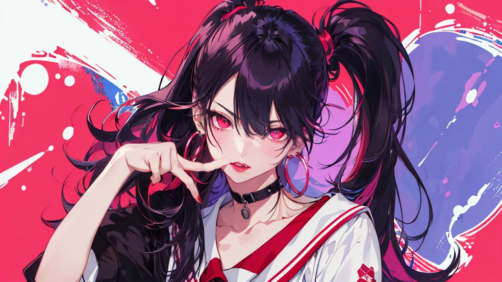 hair above one eye, Purple eyes, Clear Eyes, choker, Neon Shirt, torn legwear, open jacket、Blue pubic hair catches my eye,Bright red background、Red background, graffiti, Shineing grafiti, Shineing tattoos, Shine, Neon Light, Black light,Anime Style, movie portrait photography, 1 female, 22 years ago, Whole Body Ezbian,Big and ample breasts, anger, (Scarlet Hair), Long Hair, Purple eyes, wearing a short black dress, (Natural skin texture vivid details, Surreal, (Realistic eyes, Natural skin texture, Realistic facial details), Soft and dramatic lighting, Written boundary depth, Bokeh, vivid details, Surreal, 35mm movie, Absent-minded, movie,lipstick, ear piercing, eye shadow, Hoop Earrings, red pink lips, multicolored red eyes, Red background,Beautiful Eyes,Bold Pose、Strike a Pose,upper ponytail,drooping bangs,Droopy eyes、((school uniform))、high school girl