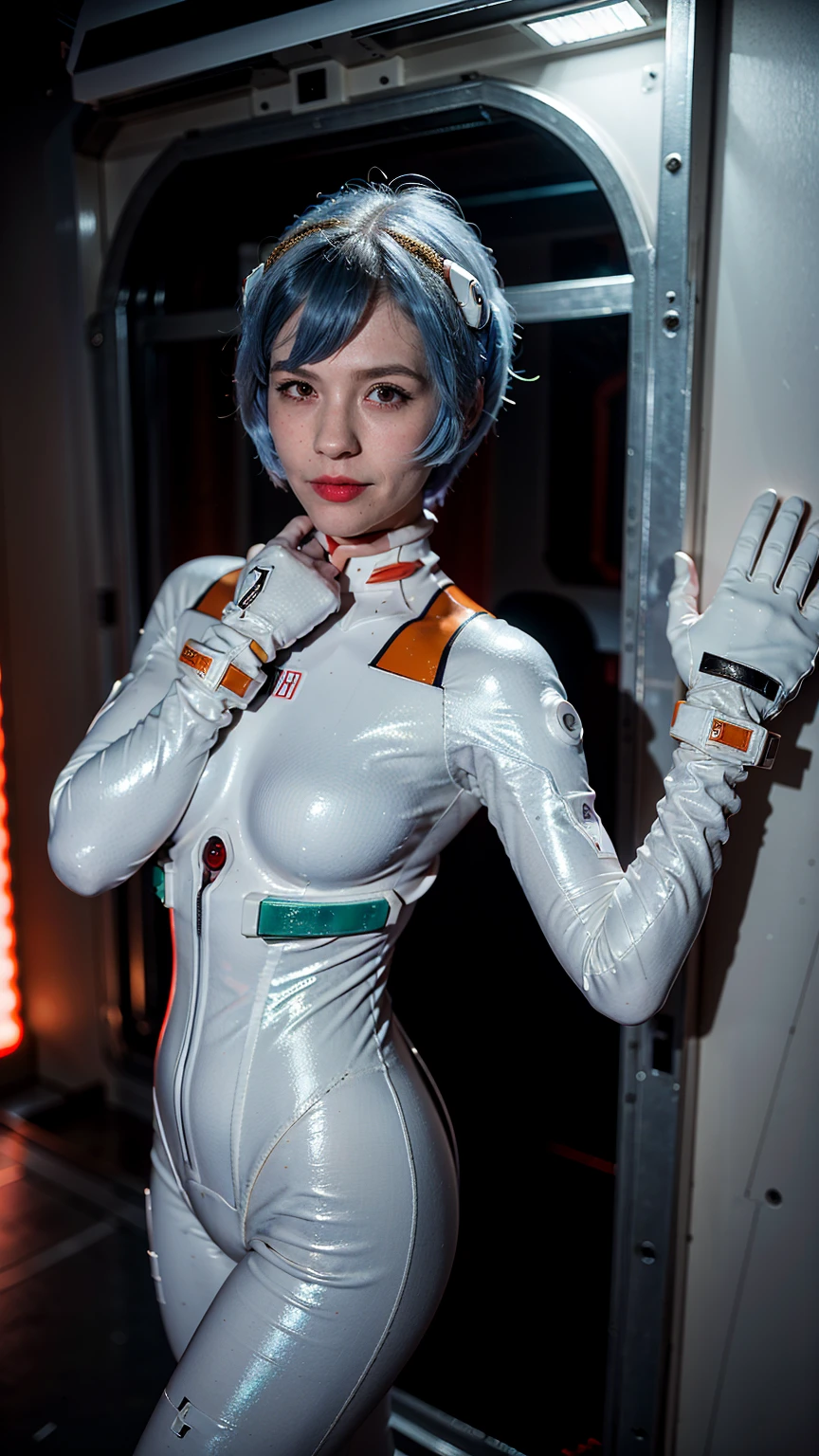 (masterpiece), (best quality), (red eyes), (epiCRealLife), (red lipstick), (j4nu4ryj0n3s) (young woman), (European Model), (Plugsuit), (ayanami_rei plugsuit), interface headset, white bodysuit),(white gloves) (red eyes), (blue hair), (medium breasts),(flash photography), (natural lights), (ample lights),( light smile), (pose for picture), (white gloves), (light smile),  (lying on the space bed), (space station lobby), (walking), (spaceship cockpit), (galaxy scenery)