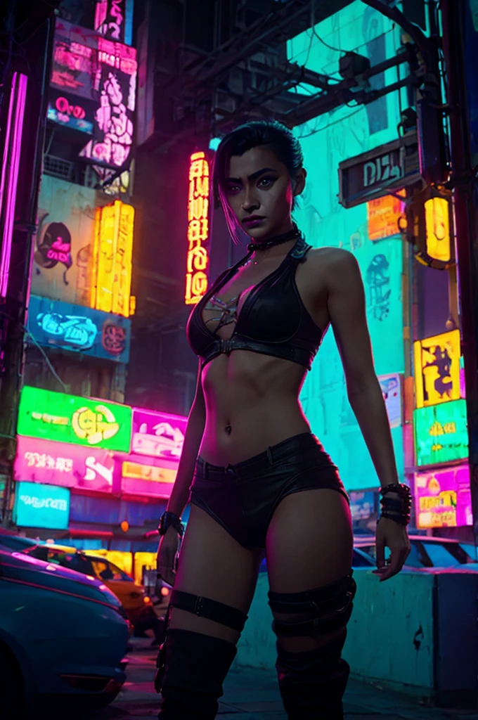 beautiful cyberpunk girl with perfect neon body and eyes, evil, dark,