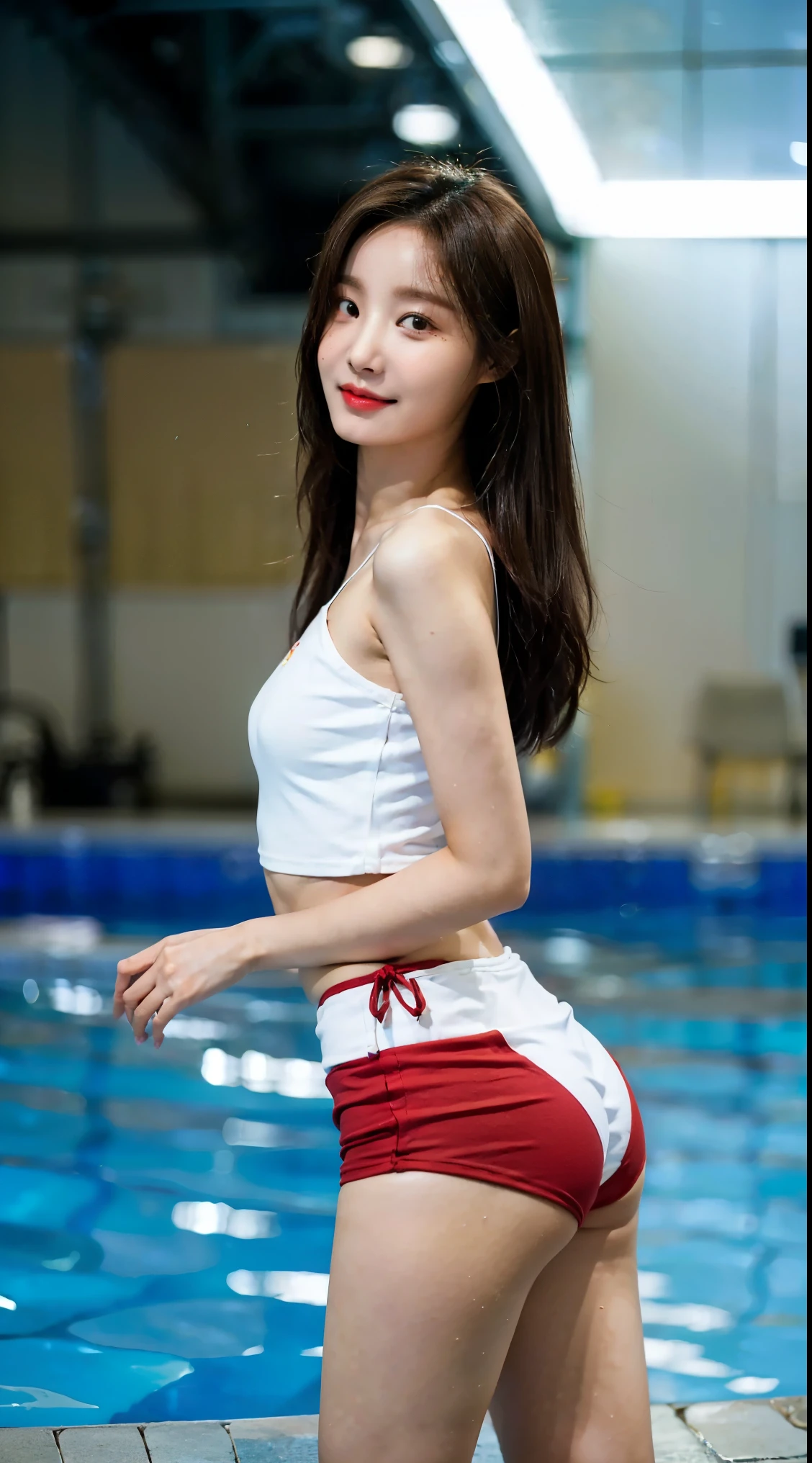 ((Best image quality)、Korean 20 years old, Private luxury mansion,nfsw, high resolution, Natural and smooth implementation, head and body balance、perfect body beauty:1.4、slim、thin legs、((dark brown hair、very :1.2)), naked, wearing only a swimsuit, very 상세한 얼굴 및 피부 질감、eye for detail、shy smile、with legs spread、variety of swimsuits , lighting areola、Aiming to become a gravure idol、top quality、reality、 exposed groin、cute appearance、angle from below、small ass、K-pop makeup、embarrassed expression、thin waist, White and clear skin, cute belly fat, chubby, Narrow pelvis,  Slander type, private swimming pool, Popular hairstyles for long hair, skinny body type, young body type, Small pelvis, small shoulder, 