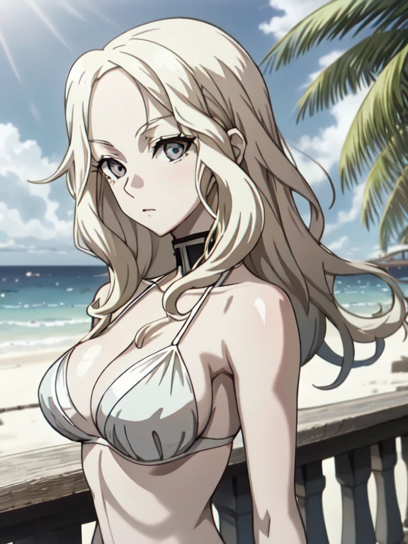 back focus,(bikini),Teresa,,wavy hair,pale skin,looking at view,park,cleavage,contemptuous expression,best quality
