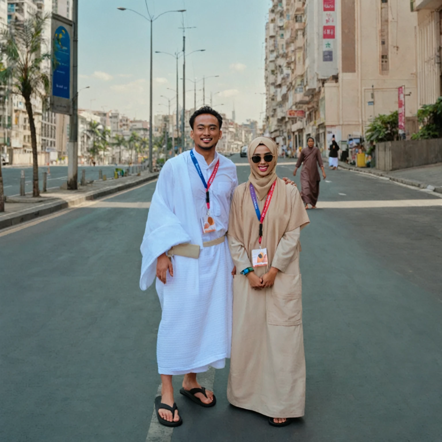 hyper-realistic photograph of two individuals in an urban setting: On the left, a Malay man with a man bun and round face, wearing a white Ihram and black flip-flops, his right hand slightly raised. On the right, a beautiful Malay woman in a beige robe and matching headscarf, hands clasped at waist level. Both wear wristbands or watches on their left wrists and identification cards around their necks. Tall buildings line the empty street leading to a clear sky, emphasizing the urban environment."