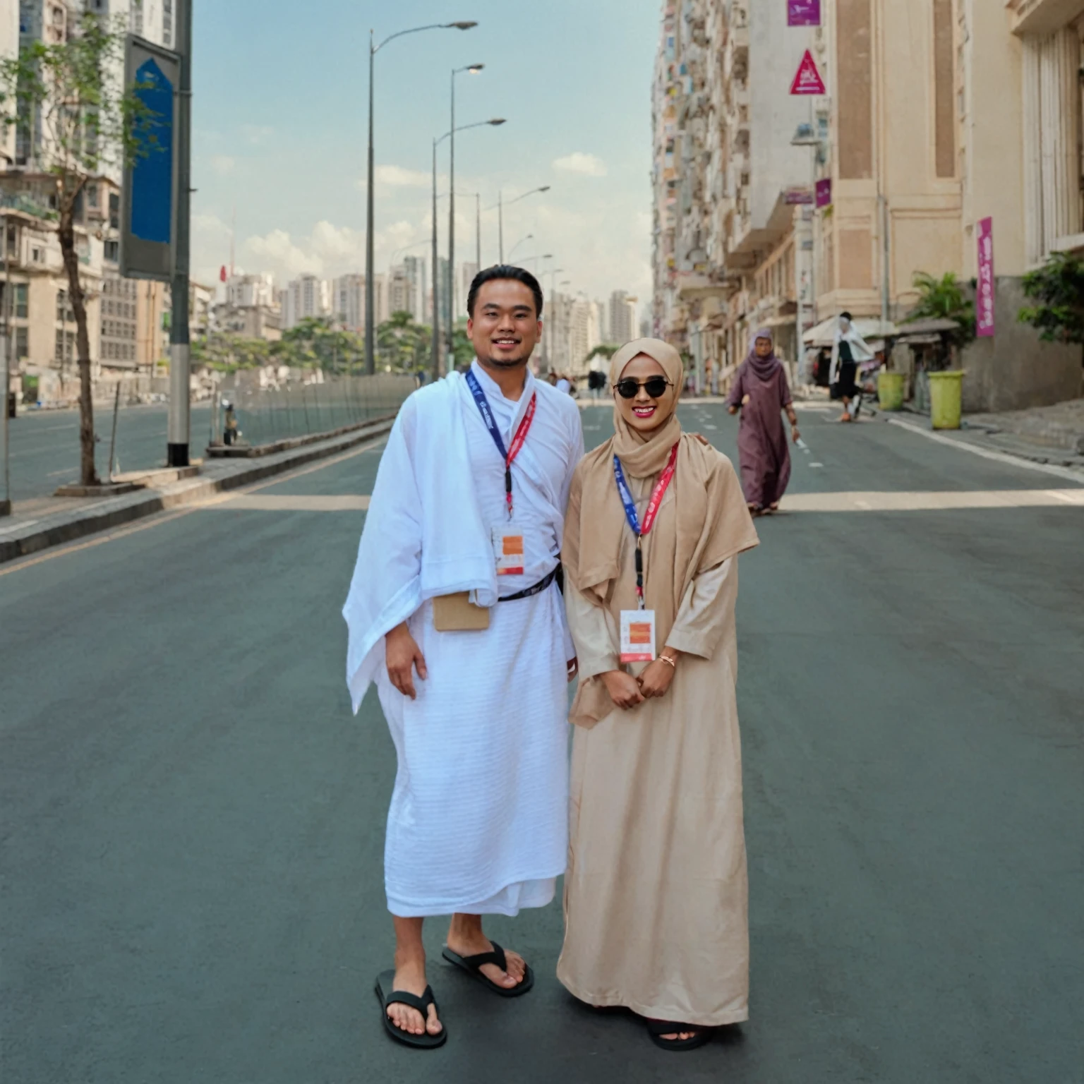 hyper-realistic photograph of two individuals in an urban setting: On the left, a Malay man with a man bun and round face, wearing a white Ihram and black flip-flops, his right hand slightly raised. On the right, a beautiful Malay woman in a beige robe and matching headscarf, hands clasped at waist level. Both wear wristbands or watches on their left wrists and identification cards around their necks. Tall buildings line the empty street leading to a clear sky, emphasizing the urban environment."