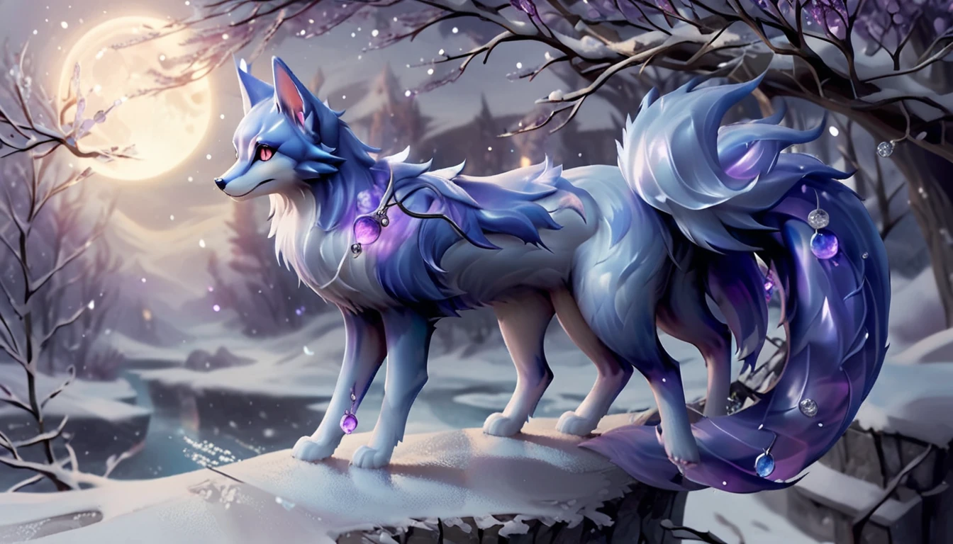 Create an enchanting scene featuring a mystical kitsune with multiple tails. The kitsune should have a luxurious fur coat with a gradient from white to dark blue, adorned with intricate, glowing patterns and gemstones. The tails should be large, fluffy, and decorated with elaborate designs and sparkling crystals. The kitsune's eyes should be bright blue, exuding a sense of magic and wisdom. The setting is a moonlit night with a full moon in the background, casting a silvery glow over the snowy landscape. Add delicate, bare trees with branches adorned with glistening, purple crystals, enhancing the ethereal atmosphere. Ensure the overall scene is magical, with a touch of fantasy and elegance