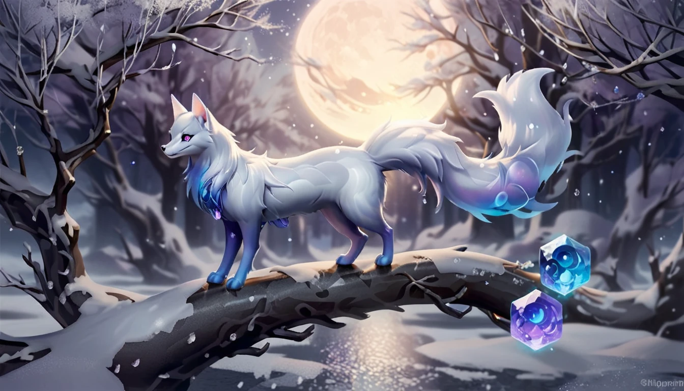 Create an enchanting scene featuring a mystical kitsune with multiple tails. The kitsune should have a luxurious fur coat with a gradient from white to dark blue, adorned with intricate, glowing patterns and gemstones. The tails should be large, fluffy, and decorated with elaborate designs and sparkling crystals. The kitsune's eyes should be bright blue, exuding a sense of magic and wisdom. The setting is a moonlit night with a full moon in the background, casting a silvery glow over the snowy landscape. Add delicate, bare trees with branches adorned with glistening, purple crystals, enhancing the ethereal atmosphere. Ensure the overall scene is magical, with a touch of fantasy and elegance