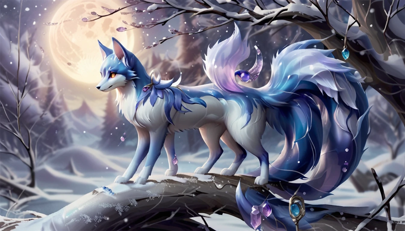 Create an enchanting scene featuring a mystical kitsune with multiple tails. The kitsune should have a luxurious fur coat with a gradient from white to dark blue, adorned with intricate, glowing patterns and gemstones. The tails should be large, fluffy, and decorated with elaborate designs and sparkling crystals. The kitsune's eyes should be bright blue, exuding a sense of magic and wisdom. The setting is a moonlit night with a full moon in the background, casting a silvery glow over the snowy landscape. Add delicate, bare trees with branches adorned with glistening, purple crystals, enhancing the ethereal atmosphere. Ensure the overall scene is magical, with a touch of fantasy and elegance