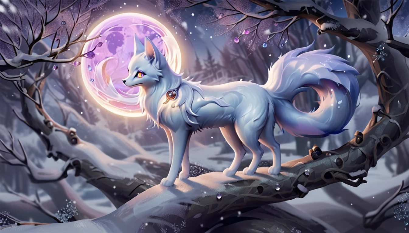 Create an enchanting scene featuring a mystical kitsune with multiple tails. The kitsune should have a luxurious fur coat with a gradient from white to dark blue, adorned with intricate, glowing patterns and gemstones. The tails should be large, fluffy, and decorated with elaborate designs and sparkling crystals. The kitsune's eyes should be bright blue, exuding a sense of magic and wisdom. The setting is a moonlit night with a full moon in the background, casting a silvery glow over the snowy landscape. Add delicate, bare trees with branches adorned with glistening, purple crystals, enhancing the ethereal atmosphere. Ensure the overall scene is magical, with a touch of fantasy and elegance