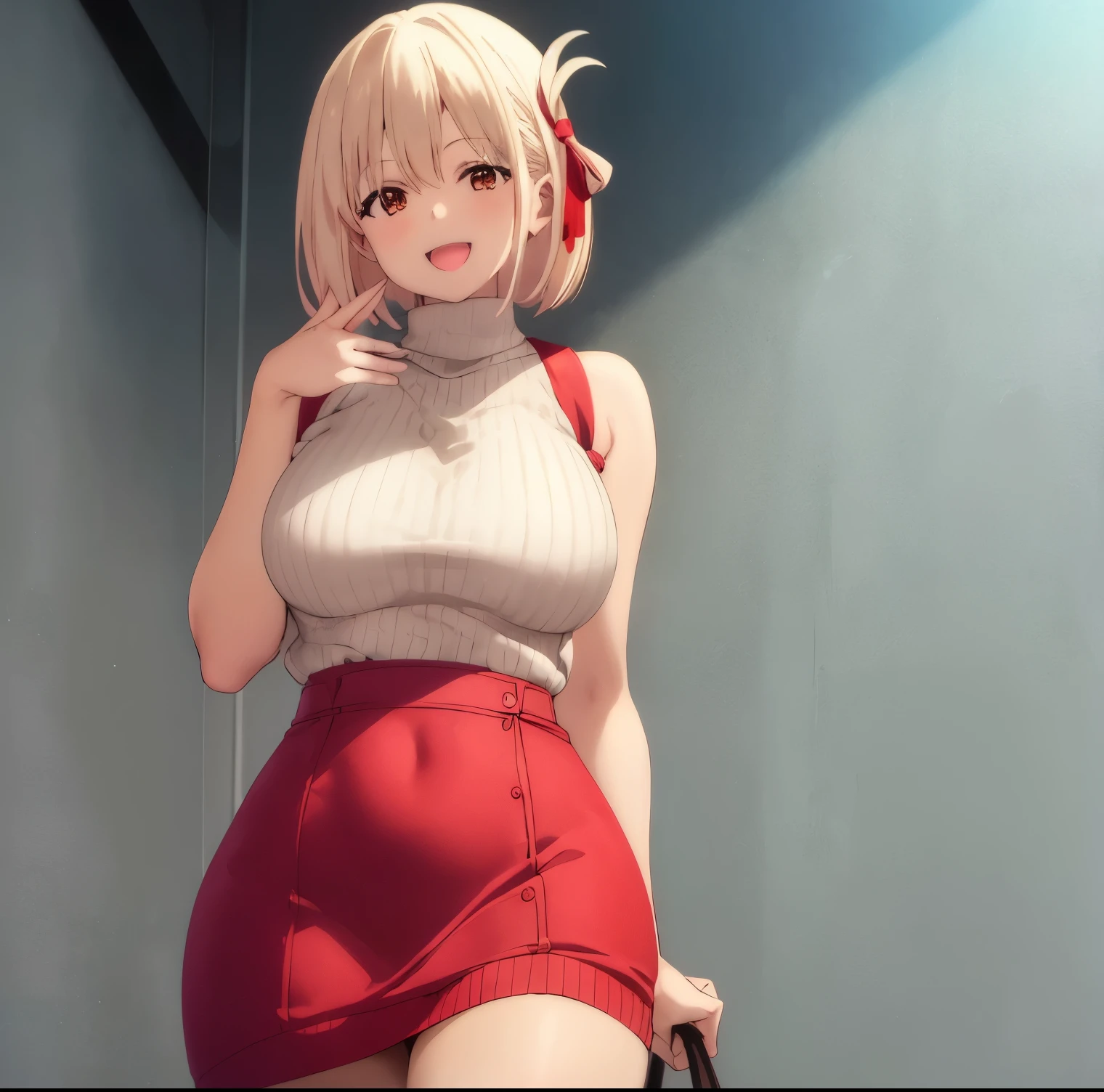 1girl,alone,chisato nishikigi,masterpiece,best quality,high resolution,looking at viewer,detailed,detailed eyes,short hair,dull blonde hair,headband,large breasts,medium waist,wide hips,wide thighs,body curvy, dynamic pose, sweater dress, red sweater dress, sleeveless, turtleneck, night, street, ribbed sweater, smile, open mouth, position, looking back, from behind, focus on ass, pov (from below) ,standing, (1girl),(solo),perfect anatomy,perfect hands