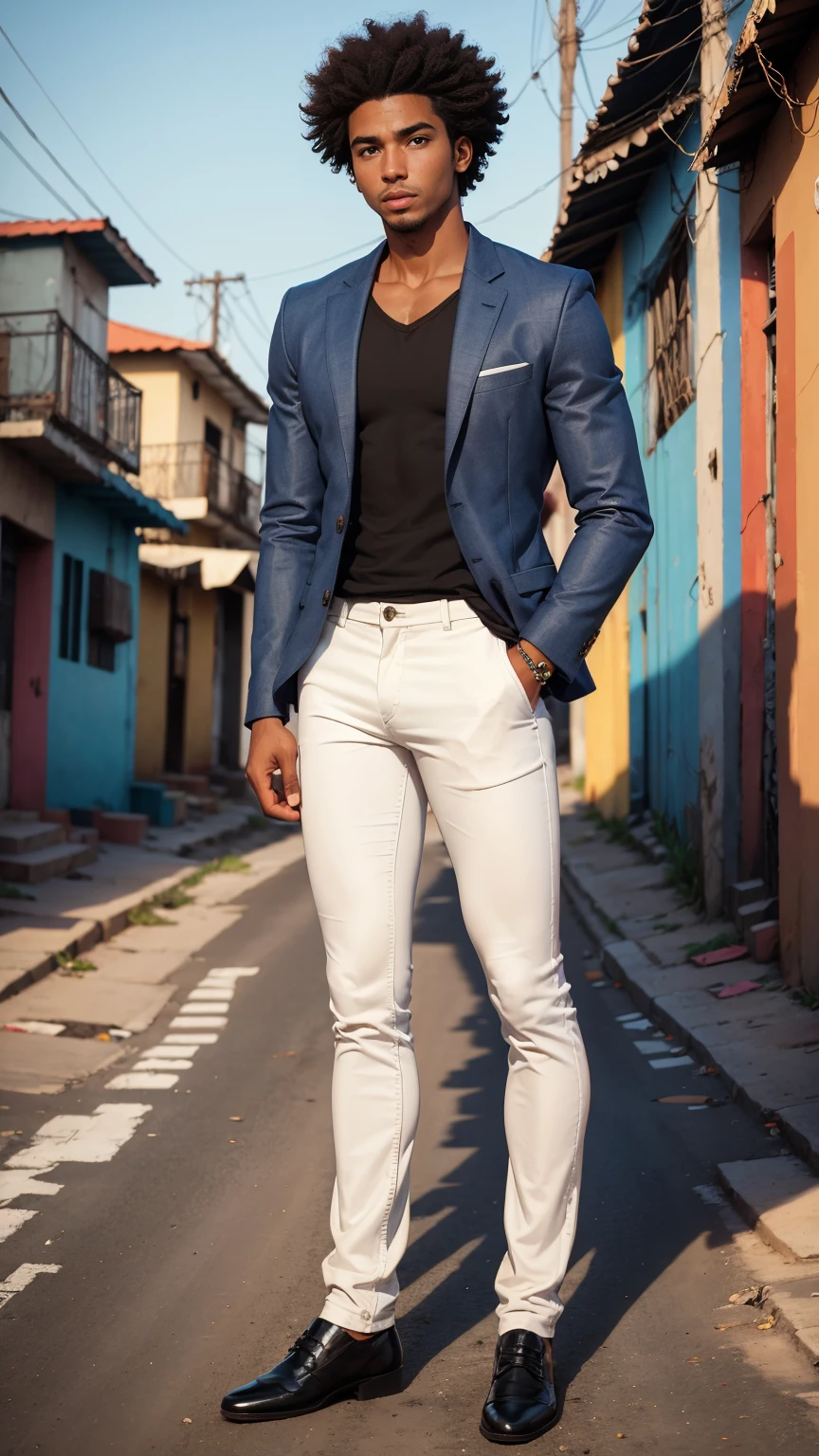 (((full body))), young 25-year-old Afro-Brazilian, ((( man))), lawyer, ((curly hair)), black skin, ((short hair)), with extremely perfect fingers, perfect hands, looking at the camera, sideways, wearing a gray blazer, white shirt, jeans, in a pose with hands in pockets, (((in the background favela hill in the city of Rio de Janeiro)))