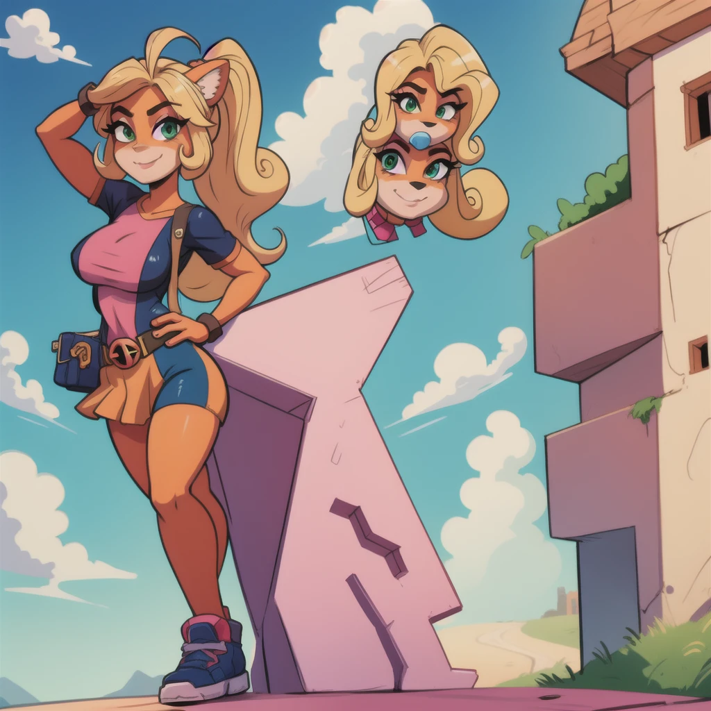 (1 girl:1.000), (animal ears:0.961), (blonde hair:0.780), (blue sky:0.975), (breasts:0.881), (building:0.952), (city:0.815), (closed mouth :0.715 ), (cloud:0.971), (day:0.980), (hairy:0.941), (female hairy:0.963), (green eyes:0.925), (hand on hip:0.937), (hands on hip :0.966), (long hair:0.853), (looking at viewer:0.633), (outdoors:0.967), (monkey:0.798), (sky:0.989), (skyscraper:0.862), (small breasts:0.673 ), (smile:0.902), (solo:0.997), (standing:0.709), (tree:0.596), coco bandicoot ,Coco bandicoot deadpool costume,