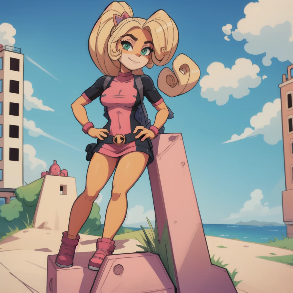 (1 girl:1.000), (animal ears:0.961), (blonde hair:0.780), (blue sky:0.975), (breasts:0.881), (building:0.952), (city:0.815), (closed mouth :0.715 ), (cloud:0.971), (day:0.980), (hairy:0.941), (female hairy:0.963), (green eyes:0.925), (hand on hip:0.937), (hands on hip :0.966), (long hair:0.853), (looking at viewer:0.633), (outdoors:0.967), (monkey:0.798), (sky:0.989), (skyscraper:0.862), (small breasts:0.673 ), (smile:0.902), (solo:0.997), (standing:0.709), (tree:0.596), coco bandicoot ,Coco bandicoot deadpool costume,