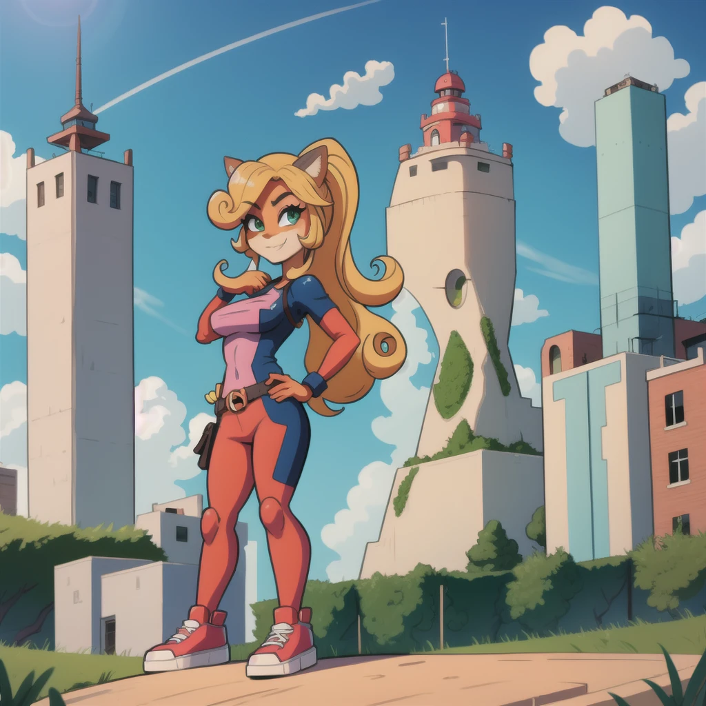 (1 girl:1.000), (animal ears:0.961), (blonde hair:0.780), (blue sky:0.975), (breasts:0.881), (building:0.952), (city:0.815), (closed mouth :0.715 ), (cloud:0.971), (day:0.980), (hairy:0.941), (female hairy:0.963), (green eyes:0.925), (hand on hip:0.937), (hands on hip :0.966), (long hair:0.853), (looking at viewer:0.633), (outdoors:0.967), (monkey:0.798), (sky:0.989), (skyscraper:0.862), (small breasts:0.673 ), (smile:0.902), (solo:0.997), (standing:0.709), (tree:0.596), coco bandicoot ,Coco bandicoot deadpool costume,