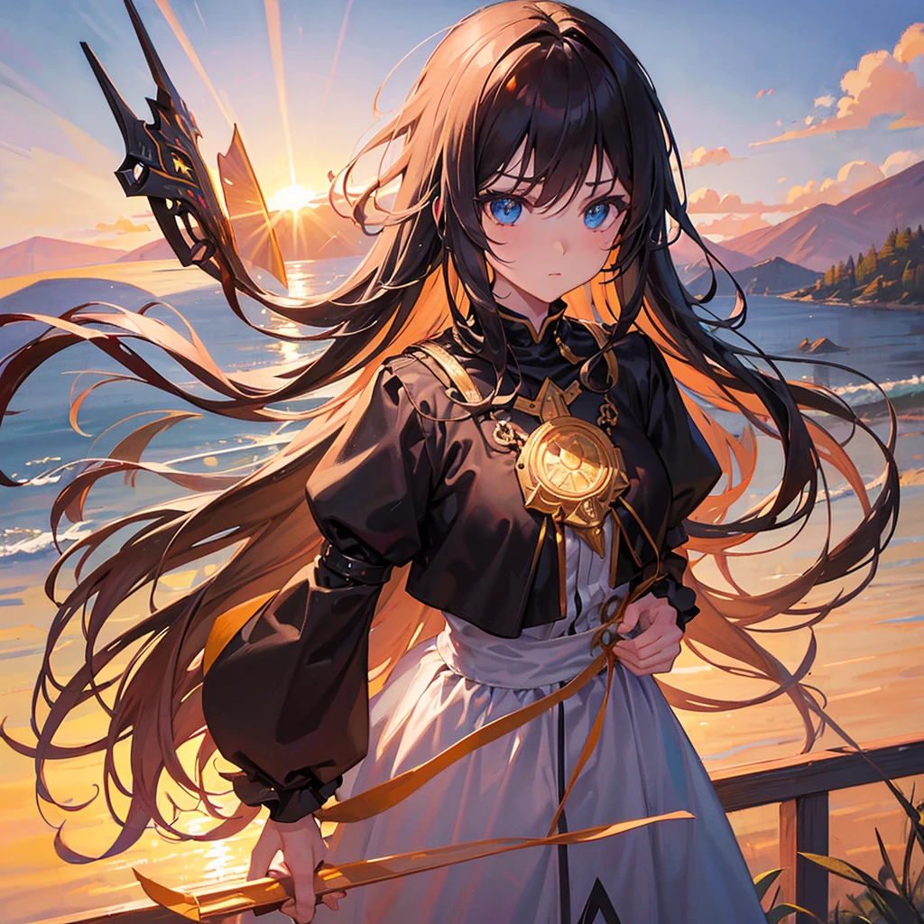 1 girl, serene expression, mesmerizing eyes, wearing black full black knight armor and full-face knight helmet, wearing knight face mask, standing in the middle of a vast flower field, angry face, black hair, blue eyes, poised posture, porcelain skin, subtle blush, crystal pendant BREAK golden hour, (rim lighting):1.2, warm tones, sun flare, soft shadows, vibrant colors, painterly effect, dreamy atmosphere BREAK scenic lake, distant mountains, willow tree, calm water, reflection, sunlit clouds, peaceful ambiance, idyllic sunset, ultra detailed, official art, unity 8k wallpaper , zentangle, mandala, angry face