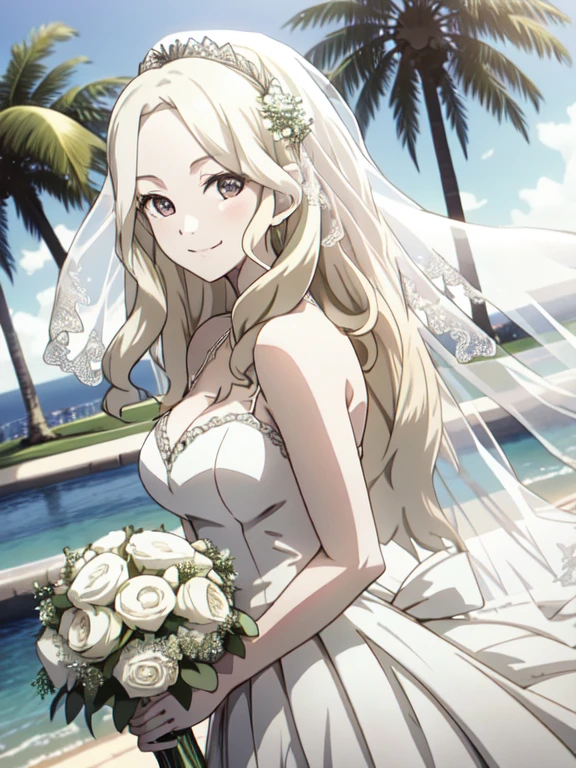 back focus,(wedding dress:1.2),Teresa,,wavy hair,pale skin,looking at view,park,(cleavage:0.8),smile,best quality