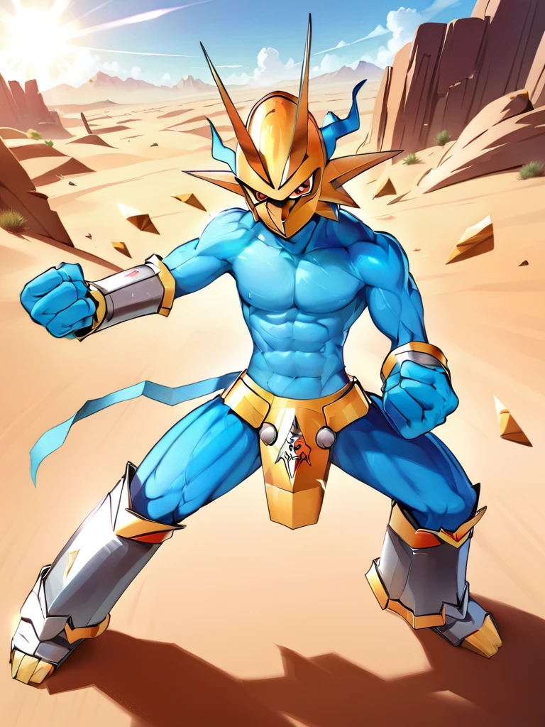 solo,angry Magnamon,tall, blue and white skin,(battle damaged:1.5),(topless Magnamon:2),(armor fragments:1.5),(shirtless:1.5), fighting_stance, in desert ,full_shot