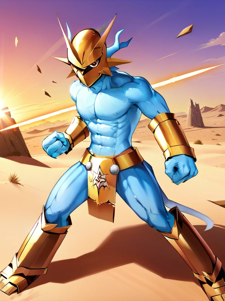 solo,angry Magnamon,tall, blue and white skin,(battle damaged:1.5),(topless Magnamon:2),(armor fragments:1.5),(shirtless:1.5), fighting_stance, in desert ,full_shot