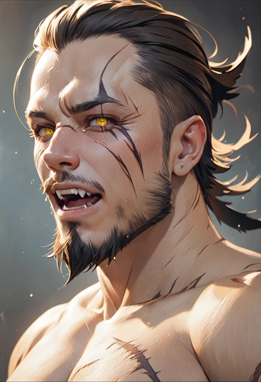 masterpiece, Best quality, A high resolution, fantasy, adult man person thin, shows sharp fangs, brunette with short hair and shaved temples, with scars on the body and face, with yellow eyes with a vertical pupil, with a goatee, but without a mustache