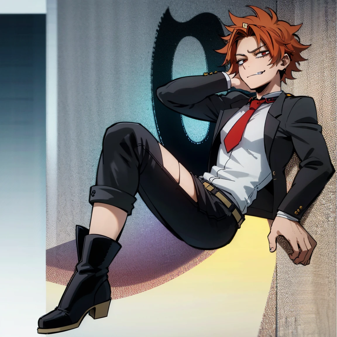 1boy, male focus, boku no hero academia, masterpiece, best quality, very aesthetic, absurdres, short curly hair, orange hair, magenta eyes, smirk, gray jacket, red tie, white shirt, teal pants, boots 