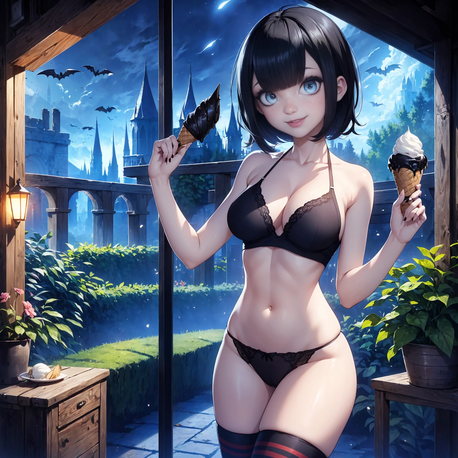 mavis dracula, ((short black hair, bangs, glowing blue eyes, makeup, narrow waist, skinny, medium breasts, striped thighhighs)), pelvic curtain, ((black panties, black bra)), full body, perfect body, (insanely detailed, beautiful detailed face, masterpiece, best quality) , (((solo))), (((1girl))), (((mature))), (extremely detailed 8k paper CG wall unit: 1.1), (cemitery, garden, night, night, bats on sky, castle), (smile evil face for the viewer), , ice cream, holding ice cream, mouth open, tongue out, licking