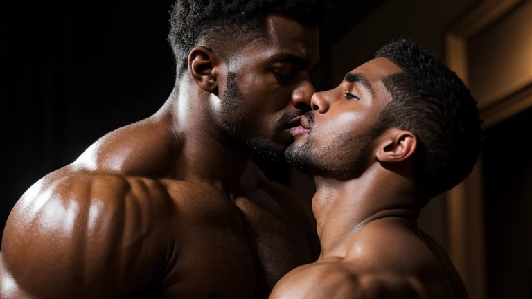 muscular black man, passionate kiss, muscular black man, detailed face, chiseled jawline, intense expression, body hair, abs, pectorals, strong arms, dramatic lighting, cinematic composition, high contrast, moody atmosphere, romantic, intimate, sensual, (best quality,4k,8k,highres,masterpiece:1.2),ultra-detailed,(realistic,photorealistic,photo-realistic:1.37)
