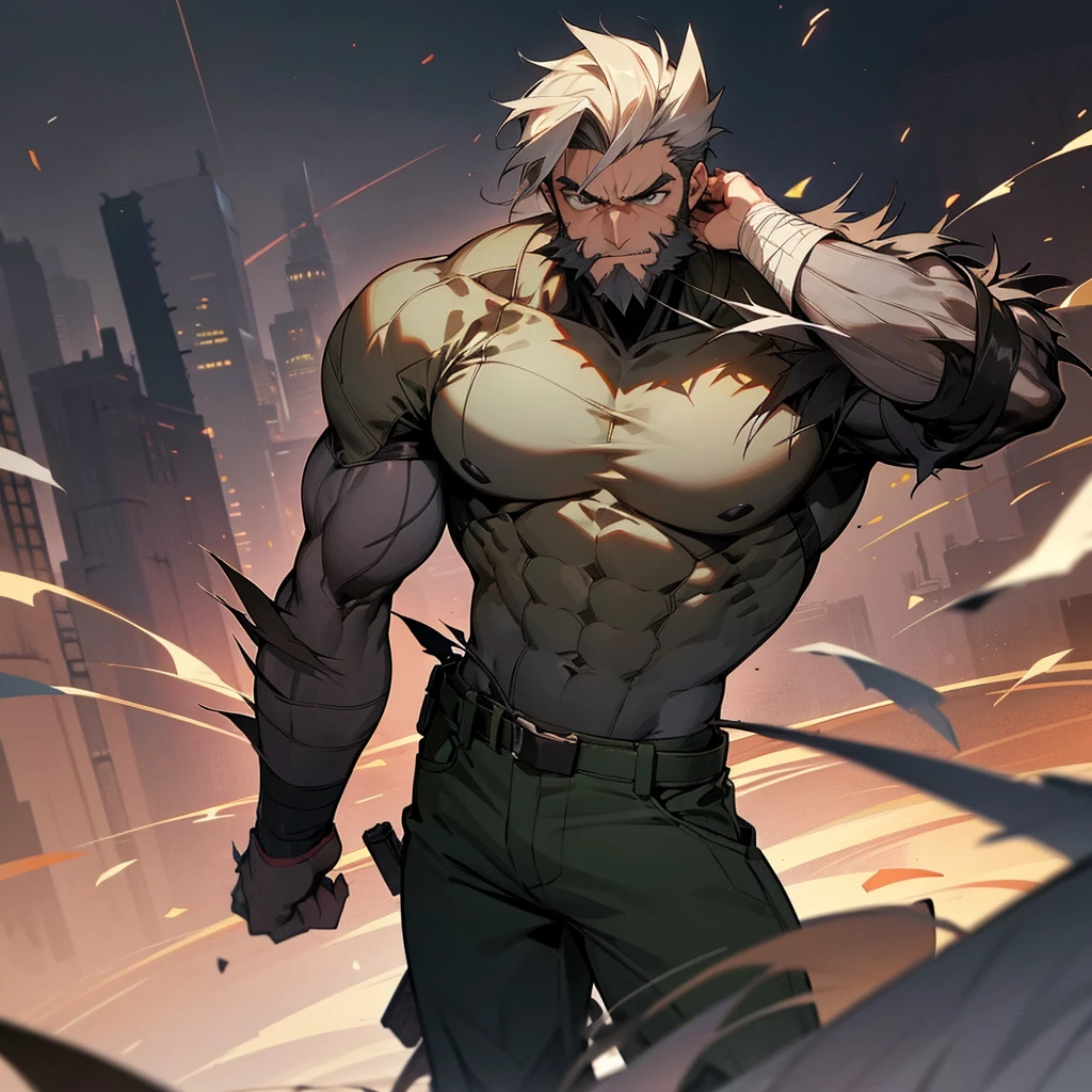 1male, adult, wolverine hair cut, casual clothing, baggy army combat pants, compression shirt, arm band, standing on ruined building, night time, serious expression, muscular, bulky, full beard, bandages around eyes