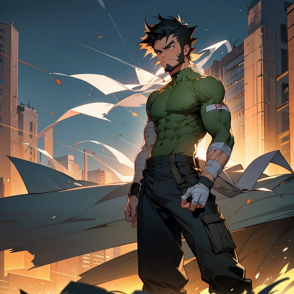 1male, adult, wolverine hair cut, casual clothing, baggy army combat pants, compression shirt, arm band, standing on ruined building, night time, serious expression, muscular, bulky, full beard, bandages around eyes