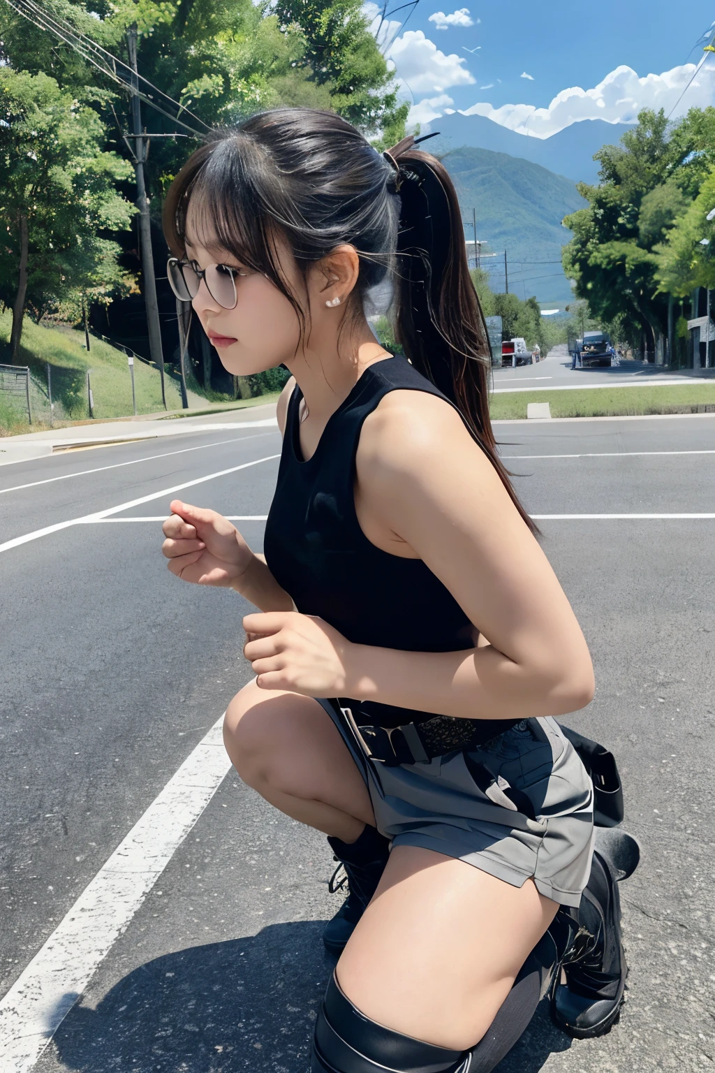 One girl、black hair、ponytail（High position）、Black headphones、Camouflage、belt（black）、Hold the rifle、Shorts（gray）、Laced boots（gray）、Mountains in the background々、Country Road、Get down on one knee on the ground、Diagonal side view
