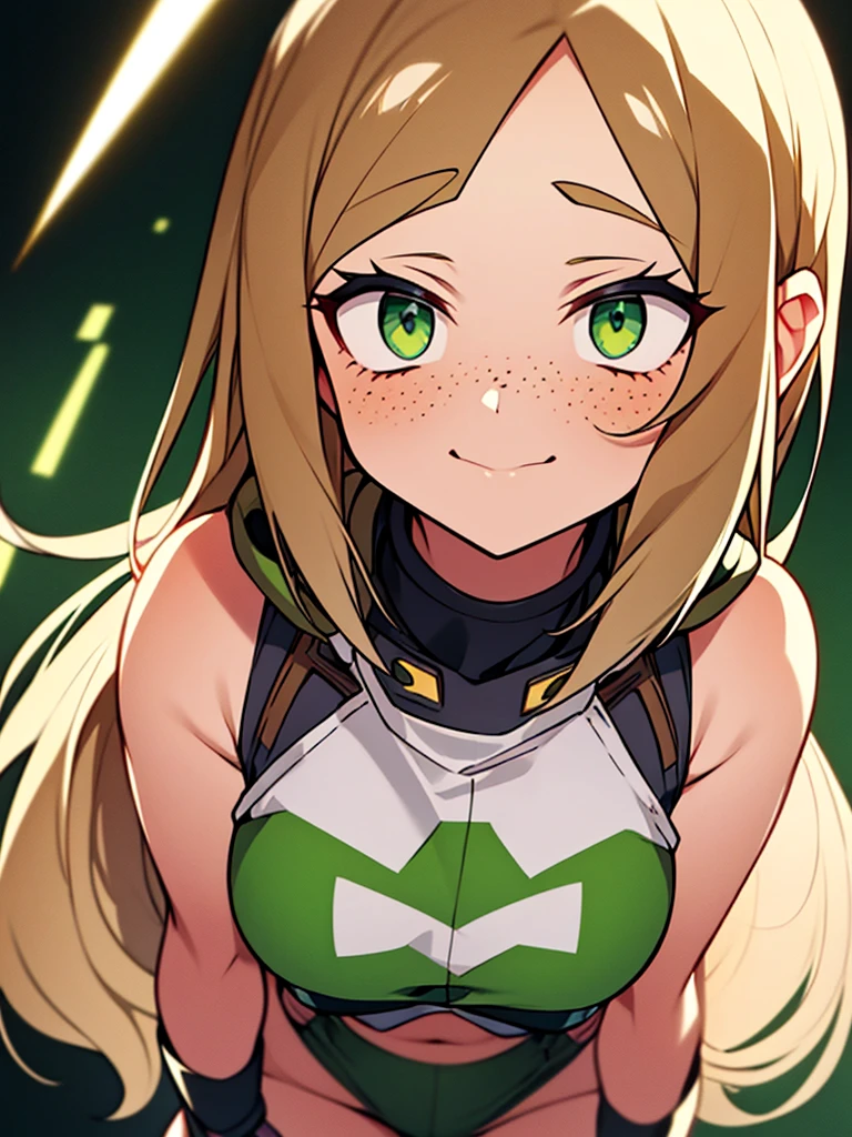 A girl with fluffy light brown hair and light green eyes with freckles and long eyelashes. Buko no hero academia style. With provocative clothes. 

