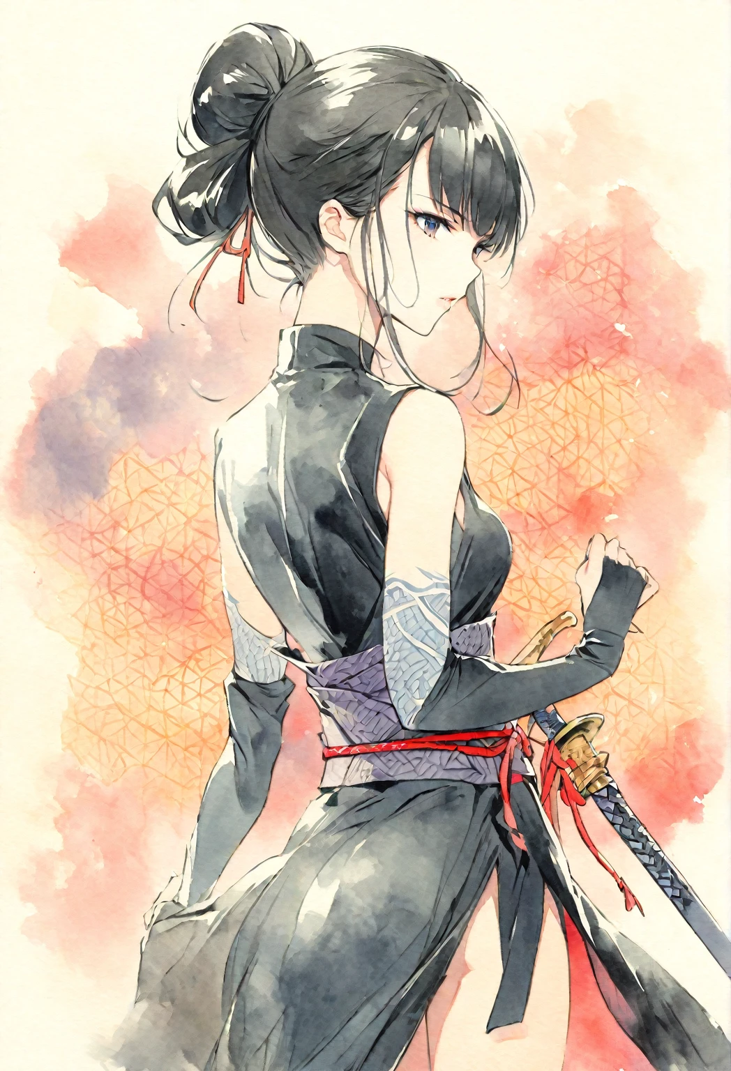 masterpiece, Best quality, Drawing of a black-haired futuristic female ninja illustration, watercolor (medium), 1girl, breast, Dressed in sophisticated modern ninja costumes,Equipped with traditional and technological weapons. She has long black hair,Tied with a red ribbon and a symbol。She must be wearing a high-end black outfit with red accents,These include letters. She holds a dagger,The hilt and scabbard have intricate patterns. The background is the Edo period, Five fingers, Right fist.