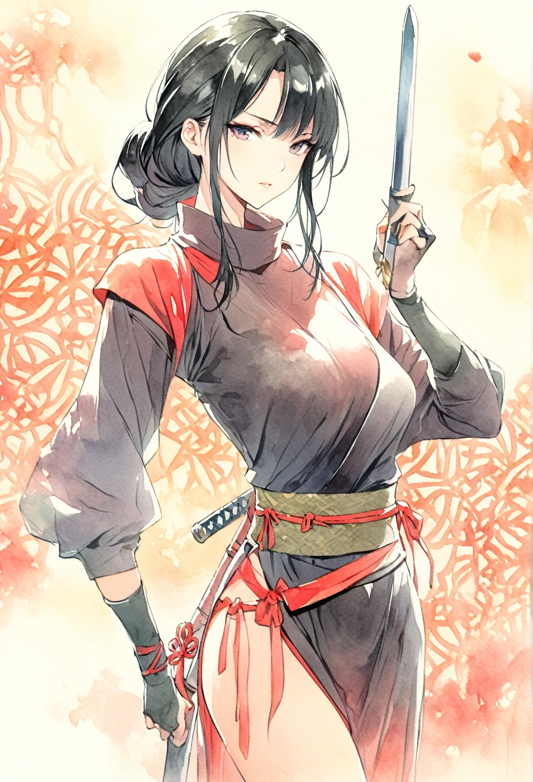 masterpiece, Best quality, Drawing of a black-haired futuristic female ninja illustration, watercolor (medium), 1girl, breast, Dressed in sophisticated modern ninja costumes,Equipped with traditional and technological weapons. She has long black hair,Tied with a red ribbon and a symbol。She must be wearing a high-end black outfit with red accents,These include letters. She holds a dagger,The hilt and scabbard have intricate patterns. The background is the Edo period, Five fingers, Right fist.