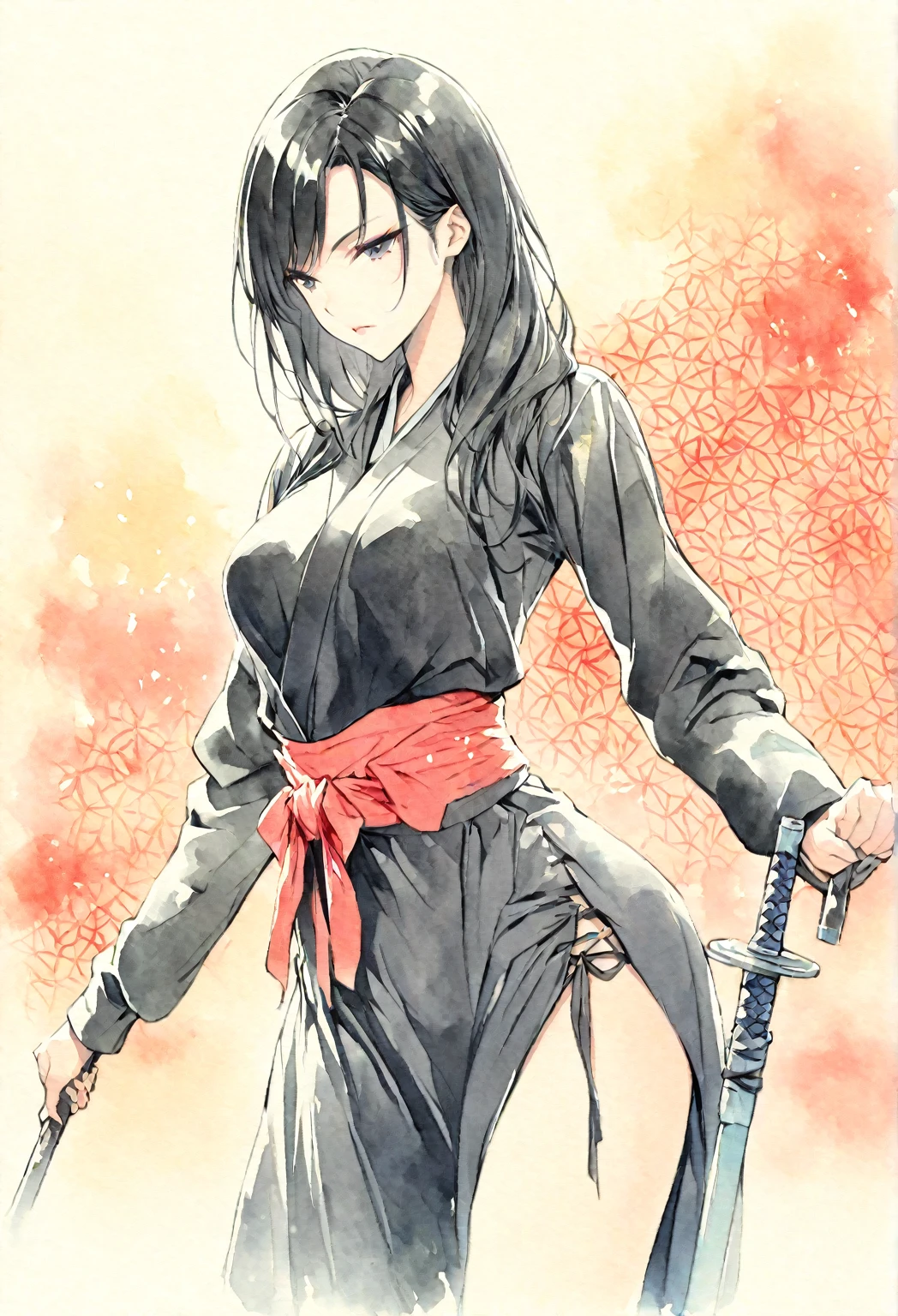 masterpiece, Best quality, Drawing of a black-haired futuristic female ninja illustration, watercolor (medium), 1girl, breast, Dressed in sophisticated modern ninja costumes,Equipped with traditional and technological weapons. She has long black hair,Tied with a red ribbon and a symbol。She must be wearing a high-end black outfit with red accents,These include letters. She holds a dagger,The hilt and scabbard have intricate patterns. The background is the Edo period, Five fingers, Right fist.
