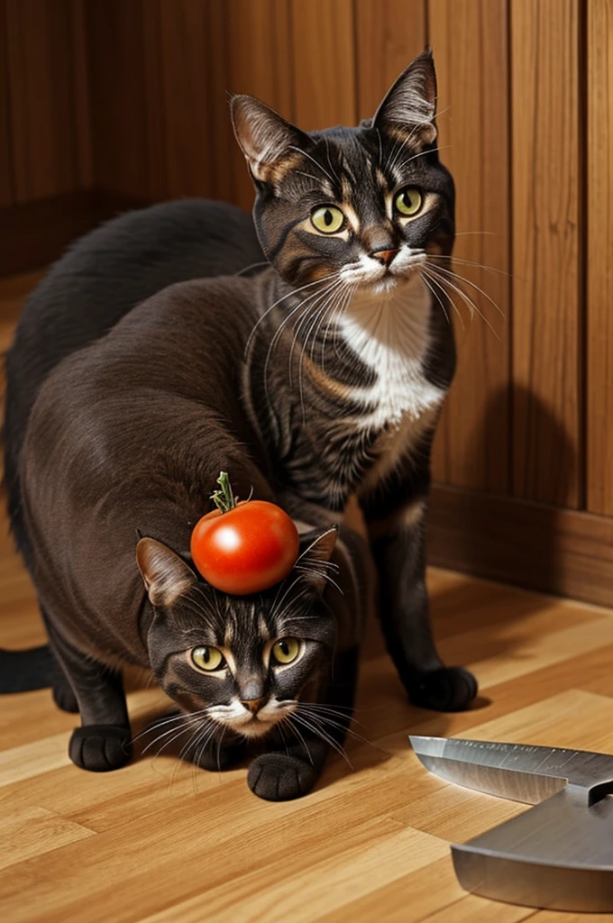 haz un gato negro muy tierno, parado en dos patas picando un tomate con un cuchillo de madera