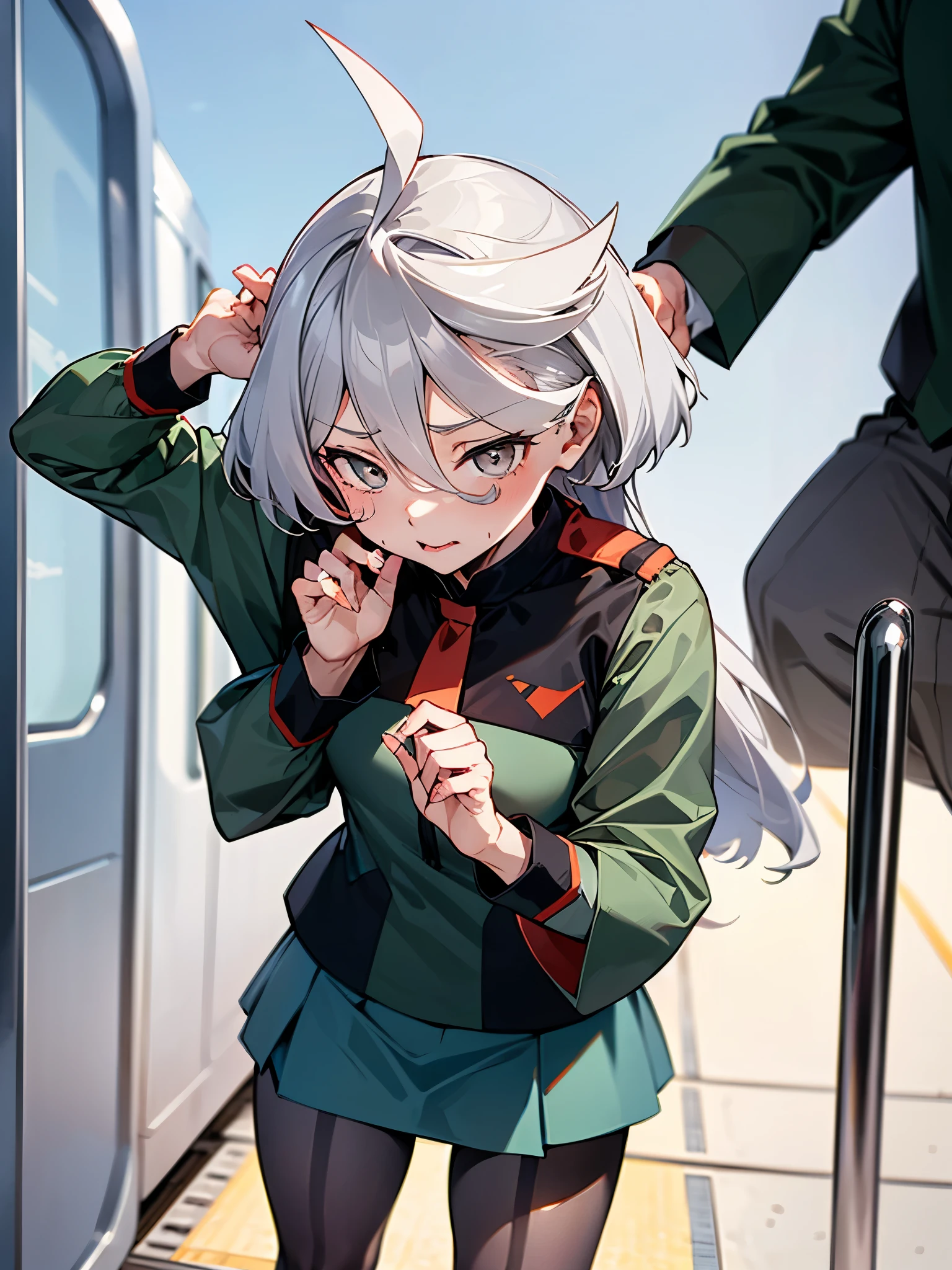 NSFW,(One girl:1.5),miorine1、miorine rembran、Asticasia uniform、solo、Long Hair、Grey Eyes、Grey Hair、Ahoge、Seamed legwear、green micro mini skirt、tie、bangs、Hair between the eyes、Black Pantyhose、Long sleeve、Green jacket、Floating Hair、赤いtie,(Perfect hands),(Perfect Anatomy),(masterpiece),(Highest quality),Embarrassed,blush,(train:1.8),(Being molested:1.5),(Sexual pleasure:1.7),(A sultry expression:1.5),Are standing,(男性が背後にAre standing:1.5)
