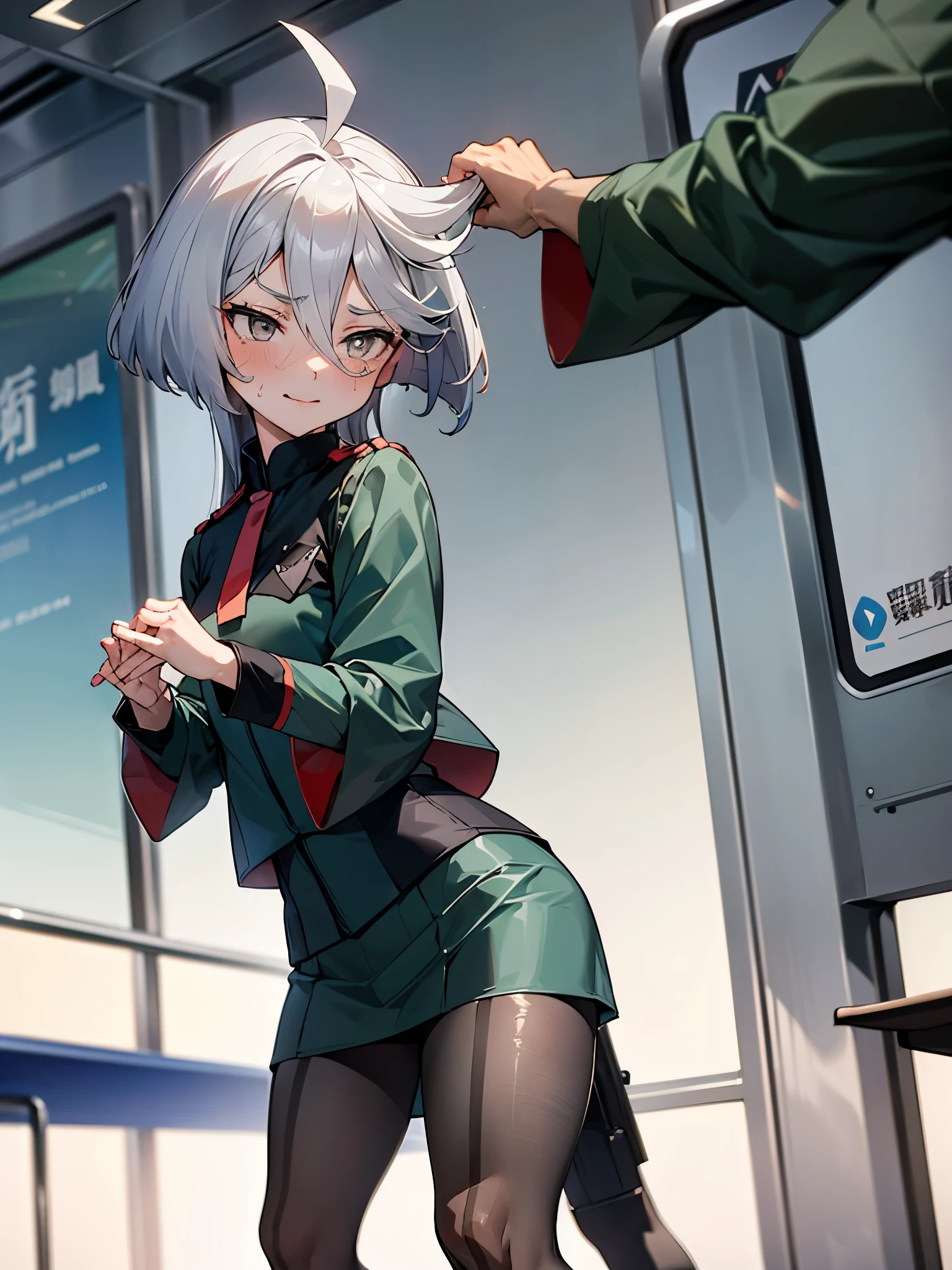 NSFW,(One girl:1.5),miorine1、miorine rembran、Asticasia uniform、solo、Long Hair、Grey Eyes、Grey Hair、Ahoge、Seamed legwear、green micro mini skirt、tie、bangs、Hair between the eyes、Black Pantyhose、Long sleeve、Green jacket、Floating Hair、赤いtie,(Perfect hands),(Perfect Anatomy),(masterpiece),(Highest quality),Embarrassed,blush,(train:1.8),(Being molested:1.5),(Sexual pleasure:1.7),(A sultry expression:1.5),Are standing,(男性が背後にAre standing:1.5)