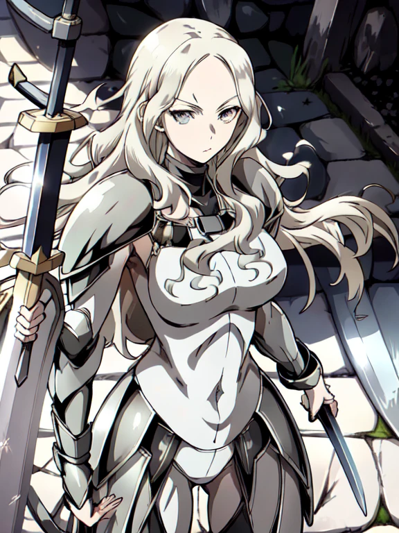 (grey eyes:1.2),fighting stance,(weapon, large_long_sword:1.2),bikini armor,bodysuit,dajianTeresa,wavy hair,pale skin,looking at view,large breasts,contemptuous expression,best quality