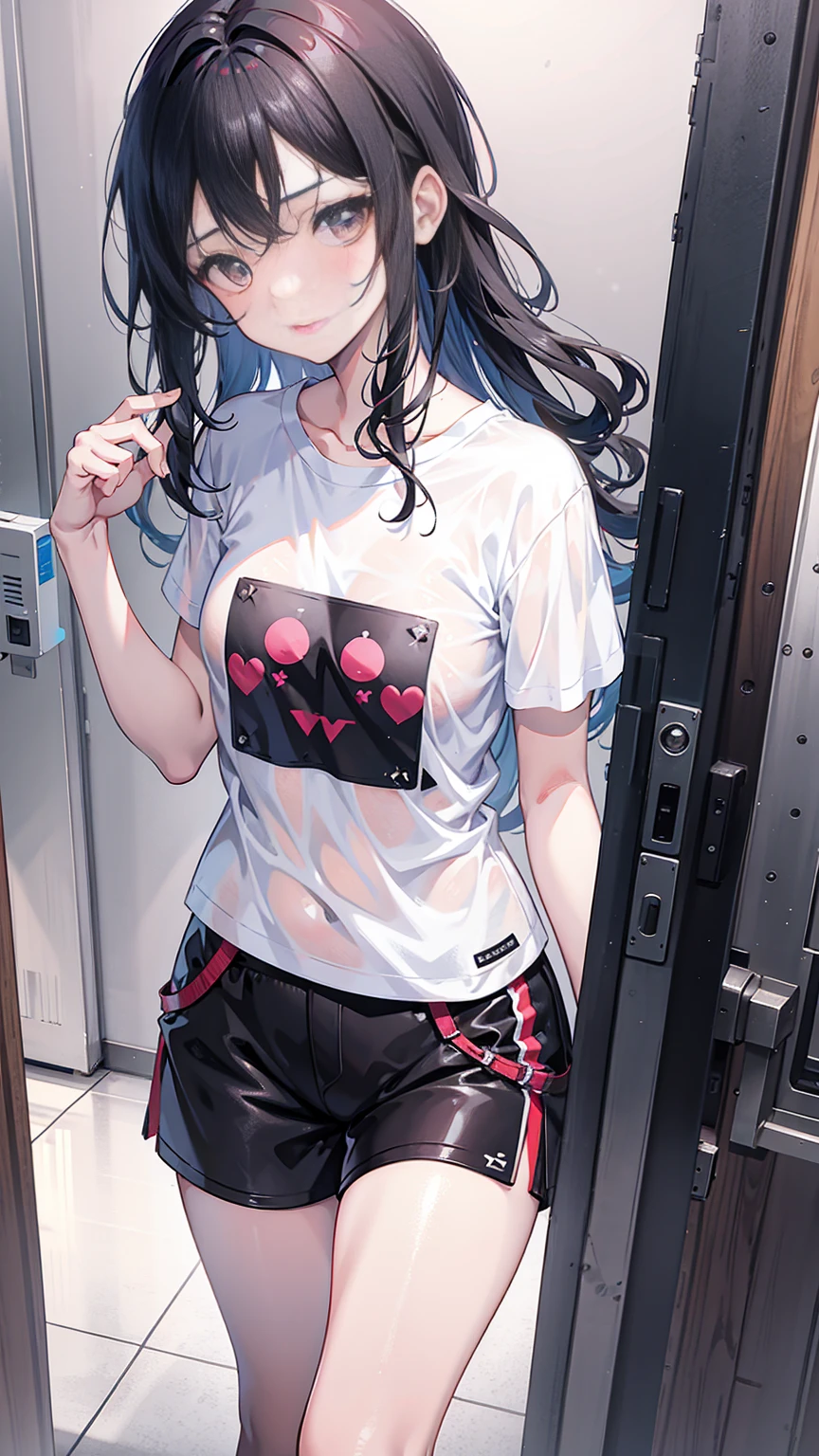 18 year old American girl, Video Game Players, Wearing a short semi-transparent T-shirt, Black Hair, ((blush: 0.8)), Natural skin texture, 4K Textures, Very detailed, Crazy details, Light color , ((Long wavy hair)), ((With a smile on your face: 0.4)), (No: 0.2), ((Look directly into the camera)), ((Tilting your head: 0.8 )), ((Small Breasts:1)).  