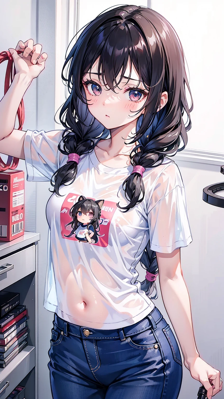 18 year old American girl, Video Game Players, Wearing a short semi-transparent T-shirt, Black Hair, ((blush: 0.8)), Natural skin texture, 4K Textures, Very detailed, Crazy details, Light color , ((Long wavy hair)), ((With a smile on your face: 0.4)), (No: 0.2), ((Look directly into the camera)), ((Tilting your head: 0.8 )), ((Small Breasts:1)).