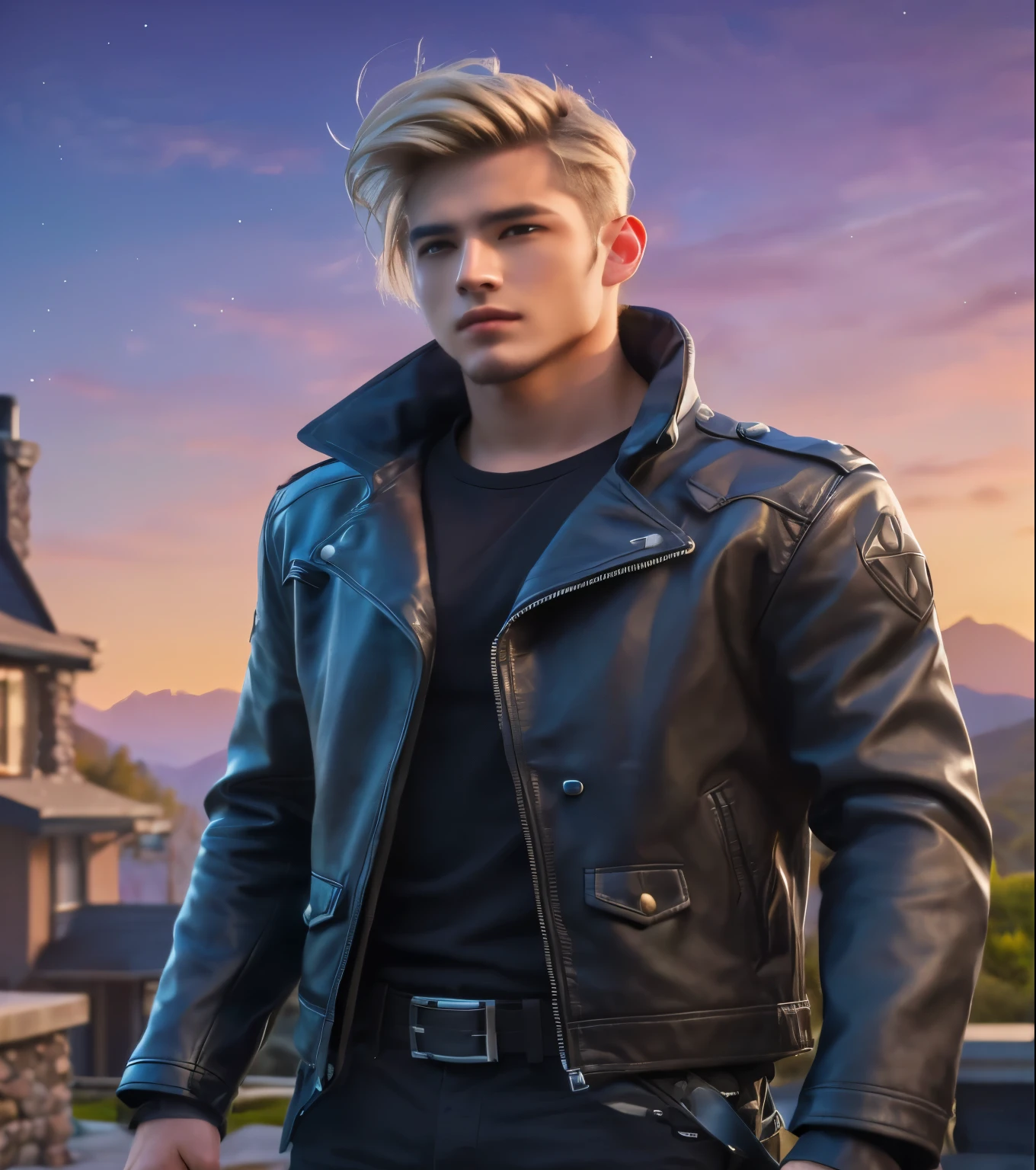 Male character with short blonde hair, wearing a leather jacket, standing in front of a house with a mountainous backdrop.