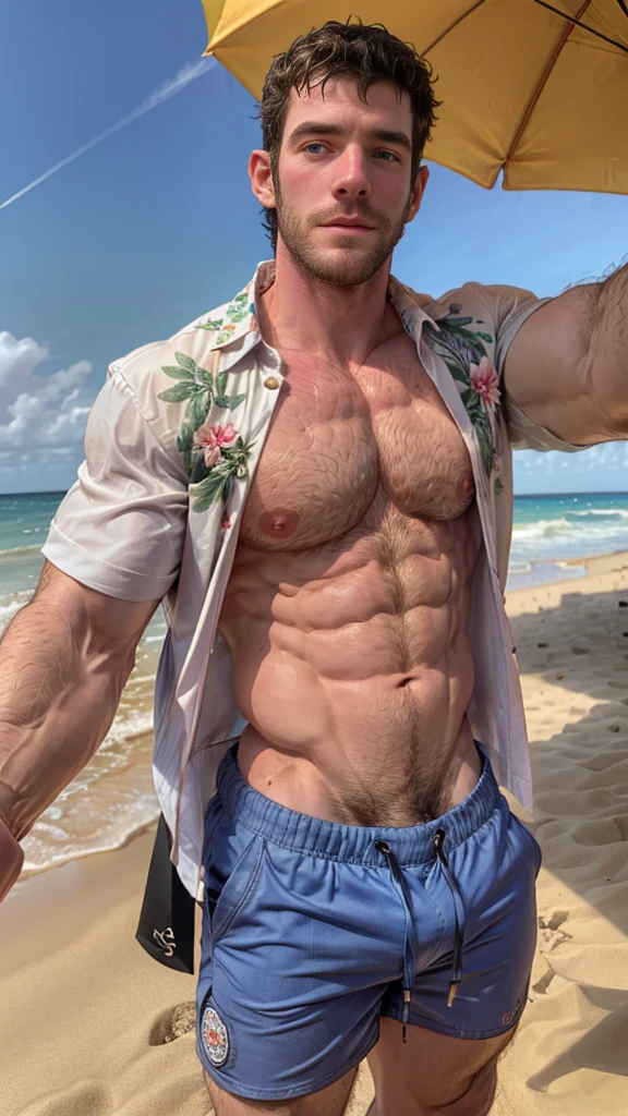 Masterpiece, denoise, void noise, one man, best quality, 8k resolution, male focus, focus only, amazing composition, volumetric lighting, super quality, elegant, Very detailed, beach, front view, facing viewer , -----------, 35 years old, mature face, muscular, thin body, Caucasian, (((white skin, pale skin))), handsome, (detailed light-blue eyes), light blonde hair, big ears, (((hairy pectorals, thick plenty chest and body hair))), ((Medium long beard)), (((((Jim Sturgess and Russell Tovey mixed face and hair))))), (((big nipples, perky nipples))), ------------, ((((detailed shorts)))), ((((clear color hawaiian style short sleeve shirt flown)))), (((holding frame pov: like taking a selfie))), 