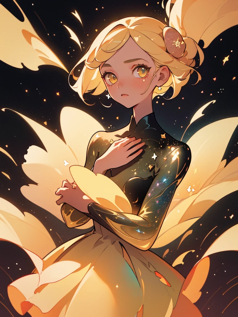(best quality, masterpiece), 1girl, galaxy, glitter, dress, particle, wind, flower, upper body, dark simple background, looking at viewer, blonde,