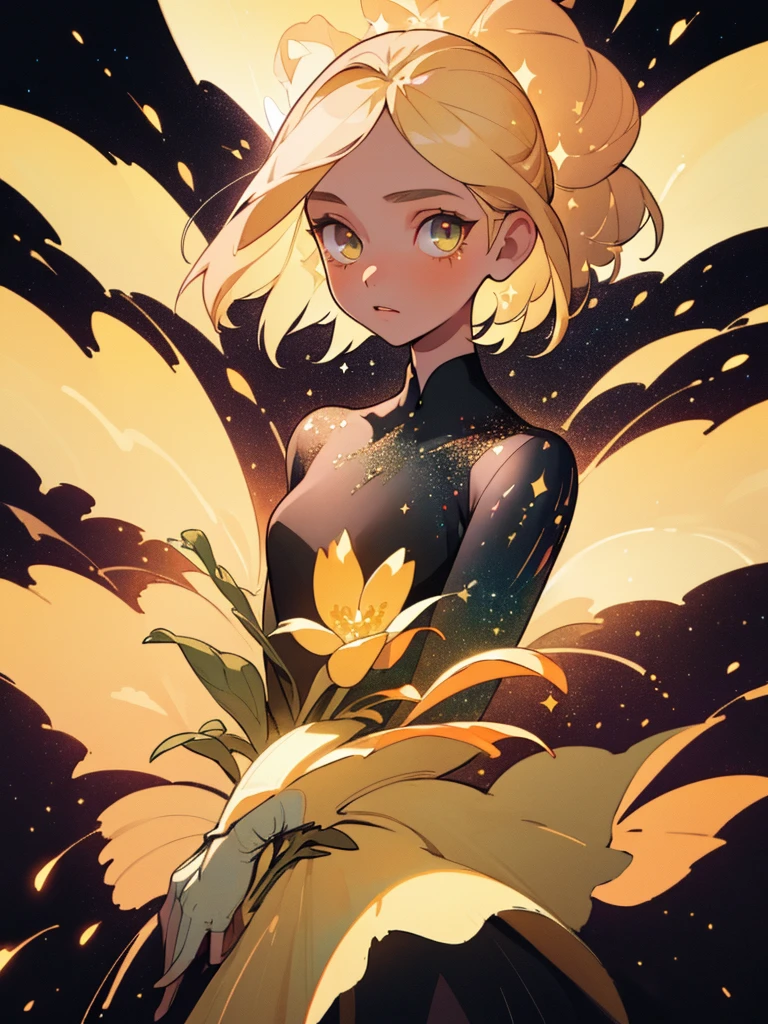 (best quality, masterpiece), 1girl, galaxy, glitter, dress, particle, wind, flower, upper body, dark simple background, looking at viewer, blonde,