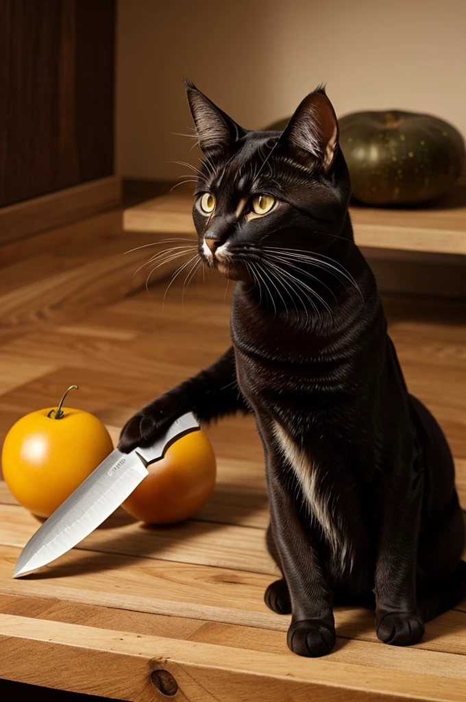 haz un gato negro muy tierno, parado en dos patas picando un tomate con un cuchillo de madera