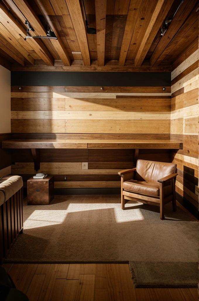 Podcast set interior, warm, wood panel, with 3 armchair